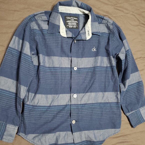 Calvin Klein Collared Shirt Fancy Boys Button Up Blue Stripe Pattern Kids Size 6 - Picture 1 of 3
